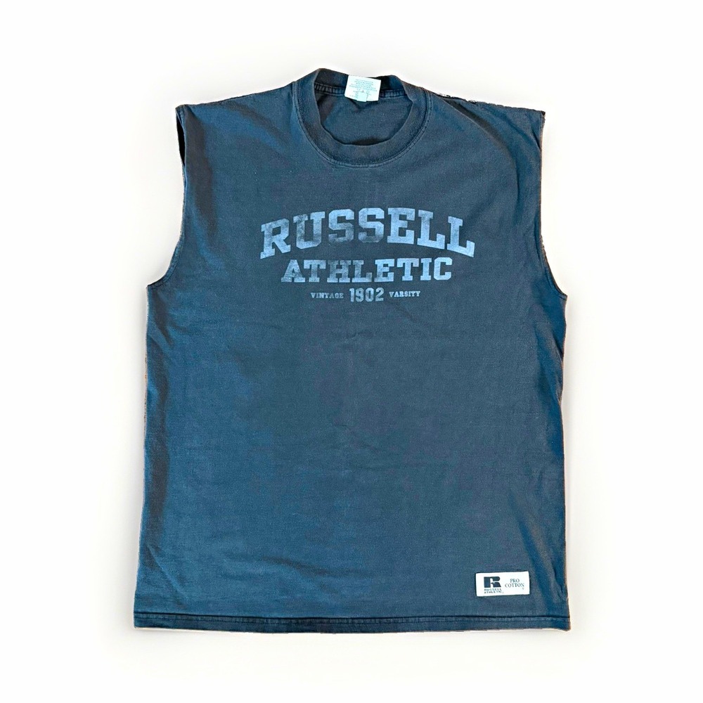 Vintage Russell Athletic Pro Cotton Men's Black Graphic Logo Tank Tee Size L